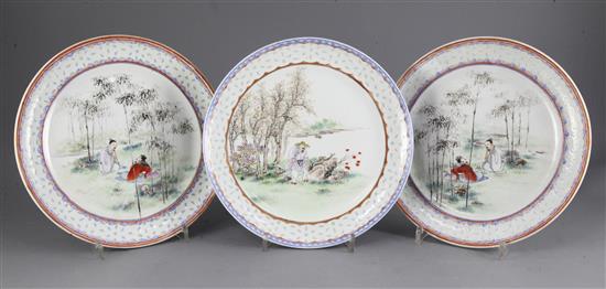 Six unusual Chinese famille rose rice-grain bordered plates, Guangxu period (1875-1908), 22.5cm